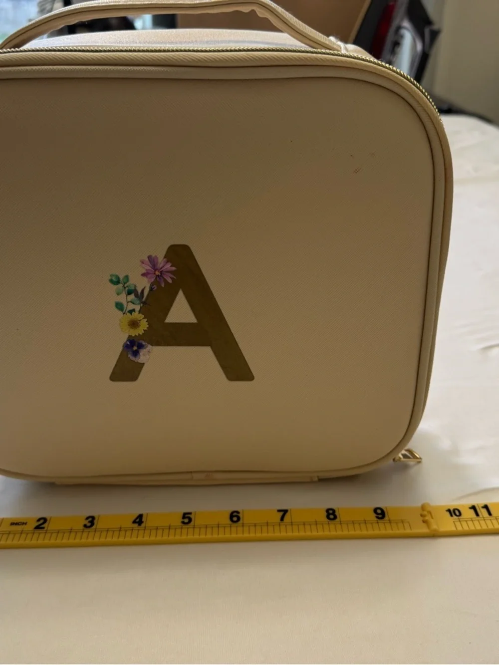 Beige Floral 'A' Accent Satchel Cosmetic Bag